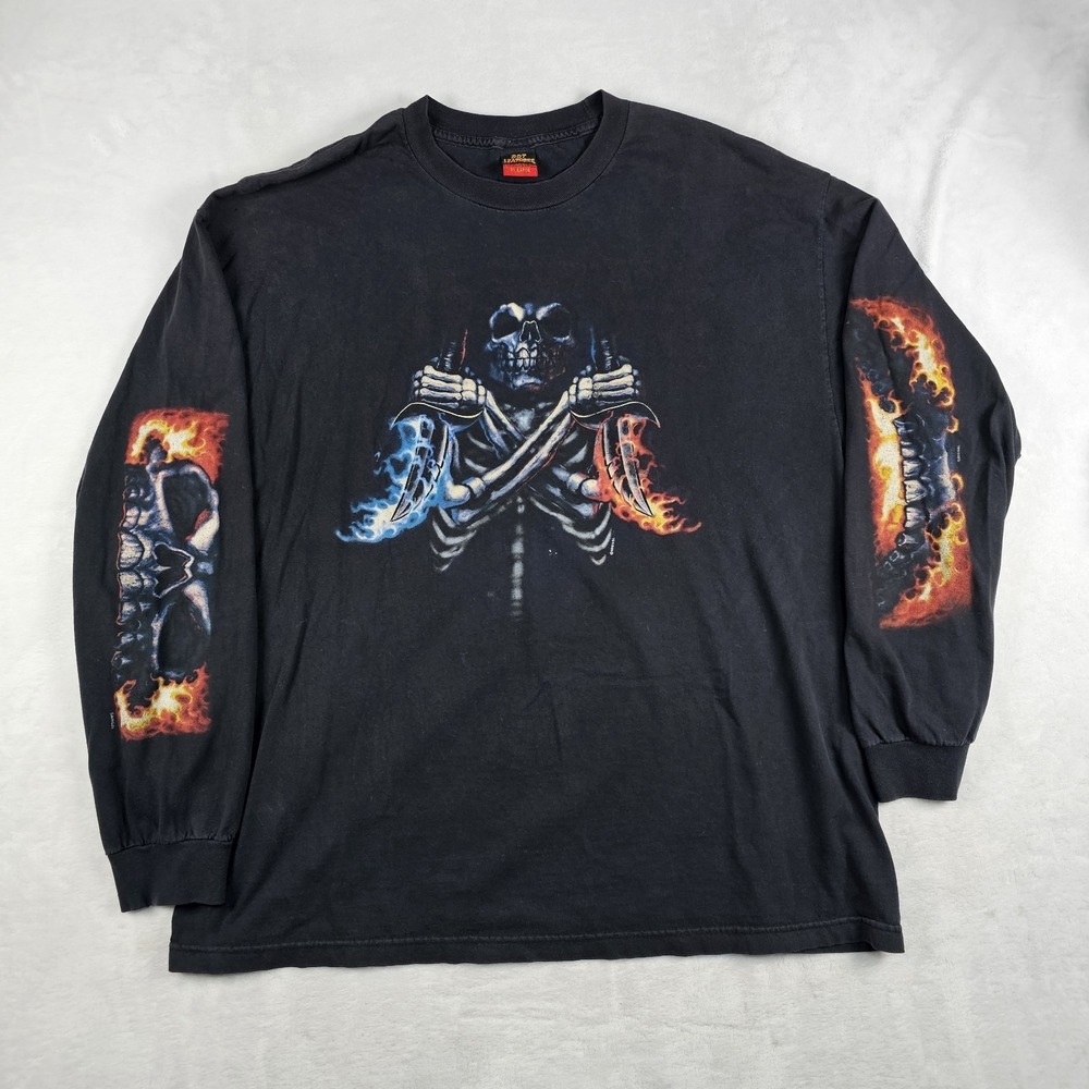 Vtg Hot Leathers Flames Skull Long Sleeve T Shirt Mens 2XL Y2K Biker Tee Faded